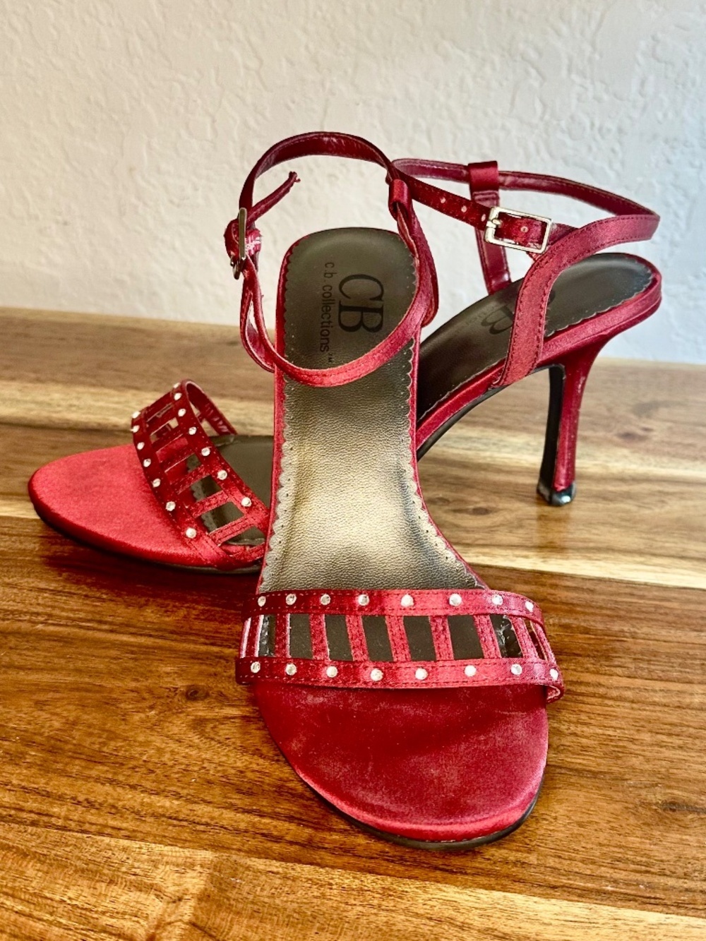 CB Collections Elegant Red Satin Heels with Rhinestones
